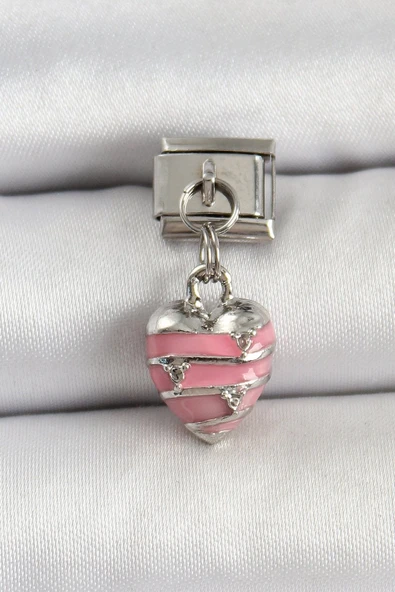 316L Çelik Gümüş Renk Pembe Kalp Model Nomination Charm - TJ-BC1495 ürün görseli 1