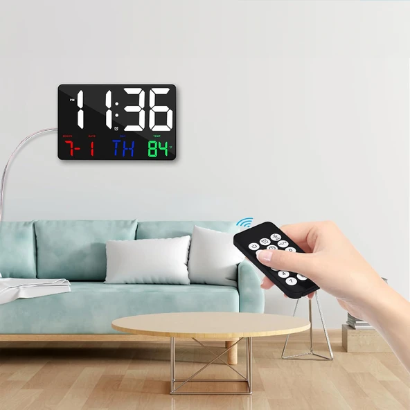 HyMark Dijital Duvar Saati Renkli HD LED Ekran 25X16 Cm Tarih Gün Sıcaklık Alarm USB Dekoratif ürün görseli 1