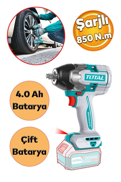 Total 850 Nm Şarjlı Li-on 2x4 Ah Batarya Darbeli Akülü Somun Sıkma Sökme Tabanca Araba Teker ürün görseli 1
