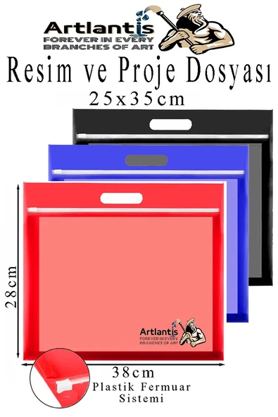 Renkli Plastik Fermuarlı Proje Dosyası 25x35 cm 3 Adet Tutmaçlı 28x38 cm Resim ve Proje Ödev Dosyası El Tutmalı ürün görseli 1