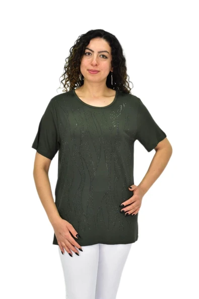 Kadın Viskon Taşlı Kısa Kol Bluz BGL-ST04679 ürün görseli 1