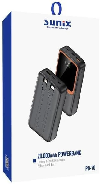 Sunix 20000 Mah Lightning Type-C Çıkışlı Dijital Göstergeli Powerbank Siyah PB-70 2