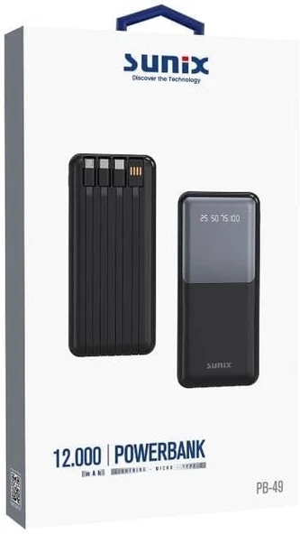 Sunix 12000 Mah Dijital Göstergeli Dahili Çoklu Kablolu Taşınabilir Powerbank Siyah PB-49 2