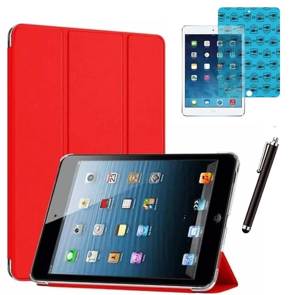 Apple iPad Mini 2 / Mini 3 Uyumlu Smart Cover Tablet Kılıfı Ekran Koruyucu Kalem Set Kırmızı ürün görseli 1