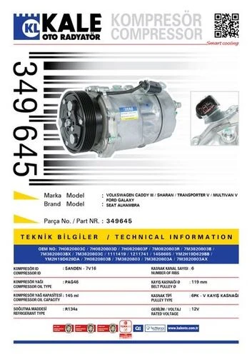 Kale 349645 OTO Radyatör  Klima Kompresörü Caddy (05-10)Galaxy (00-06)1.9TDI ürün görseli 1
