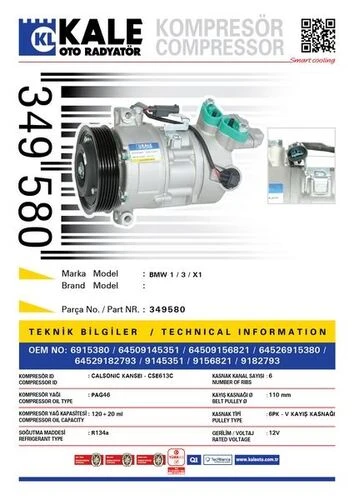 Kale 349580 OTO Radyatör  Klima Kompresörü Bmw 1(E81)116İ-118İ-120İ-(E82)120İ-(E88)118İ-120İ-Bmw 3(E90)316İ-318İ-320İ(Cse613C) ürün görseli 1
