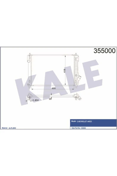 Kale 355000  Su Radyatörü Aveo T250 T255 08- 1.4 16V Vvt Aveo T250 T255 08- 1.4 16V Vvt At 600X418X26 ürün görseli 1