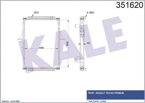Kale 351620 OTO Radyatör  Radyatör Al/Pl/Brz Renault Trucks Premium Radyatör 968×688×48 ürün görseli 1