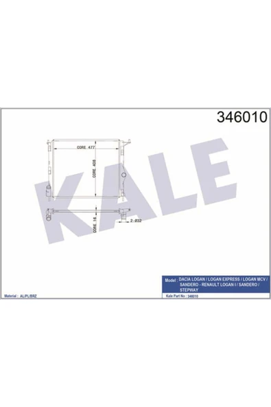 Kale 346010  Su Radyatörü Logan I 04- 1.2 16V 1.4I 1.6I 1.6 16V Sandero I 08- Largus 12- 482X408X16 ürün görseli 1
