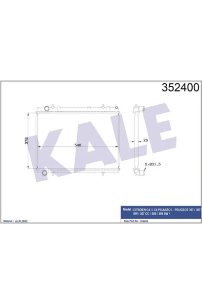 Kale 352400  Su Radyatörü 307 00- 308 07- 407 04- 3008 09- 5008 09- 1.6 HDI 1.6 HDI Rcz   38022149 ürün görseli 1