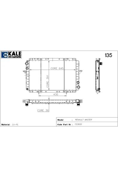 Kale 0539392PA OTO Radyatör 0 Su Radyatörü Master Movano 2 Sıra ürün görseli 1