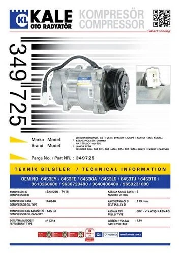 Kale 349725 OTO Radyatör  Klima Kompresörü P306-P406-P806-Boxer-Jumper-Ducato 2.0HDI ürün görseli 1