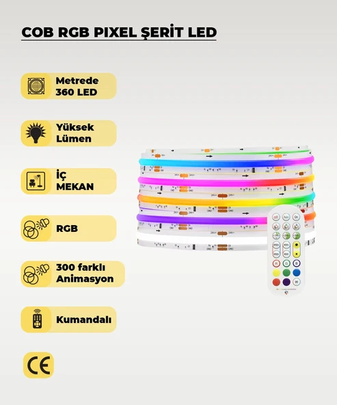 COB RGB Pixel Şerit Led - Animasyonlu - Sese Duyarlı - 5 Metre (Kumandalı) ürün görseli 1