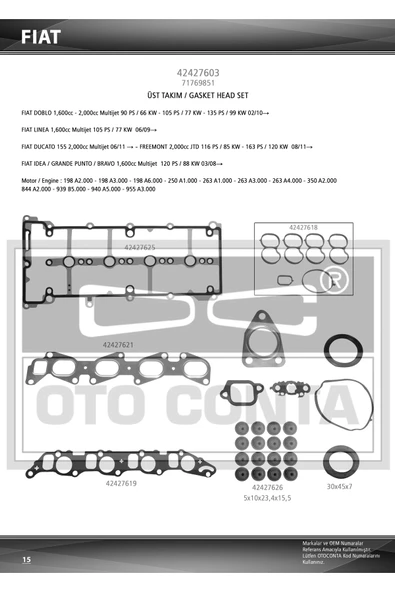 Otoconta 42427603  Motor Takım Conta Üst Keçeli Subap Lastikli Skcsız Doblo Linea Punto 1.6 Mtj ürün görseli 1