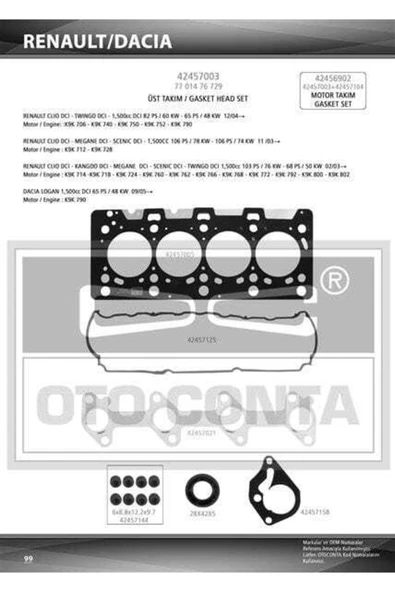 Otoconta 42457003  Motor Takım Conta Üst Clıo Iı Iıı Kangoo Megane Iı Scenic Iı Modus Fluence 1.5 Dc ürün görseli 1