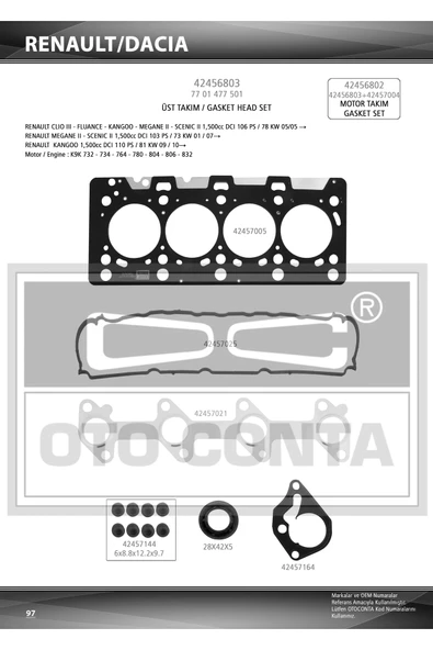 Otoconta 42456803  Motor Takım Conta Full Teflon Keçeli Skclı CLIO Kangoo Megane Logan 1.5 DCI K9K ürün görseli 1