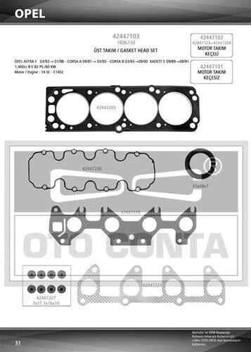 Otoconta 42447103 OTO CONTA  Motor Takım Conta Üst Astra F Corsa A B Combo Kadett E 1.4 8V Keçelı ürün görseli 1
