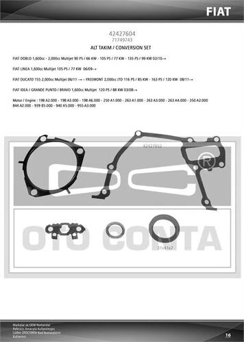 Otoconta 42427604 OTO CONTA  Motor Takım Conta Alt Conta Keçeli Doblo Linea Punto 1.6 Mtj ürün görseli 1