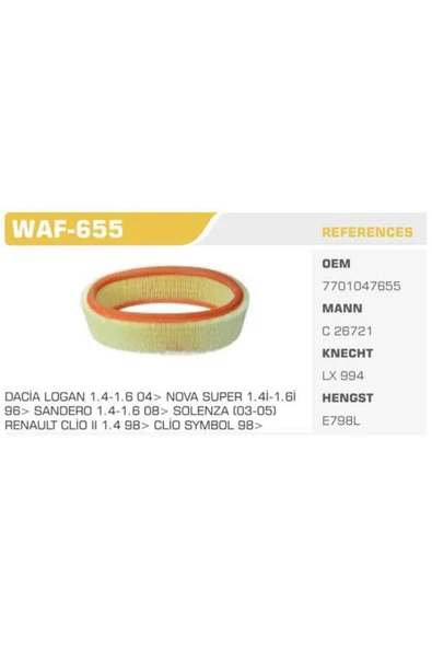 Winkel WAF Waf-655 Hava Filtresi Clıo Iı Symbol Kangoo Megane I / Logan Sandero 1.4 8v E7j K7j ürün görseli 1