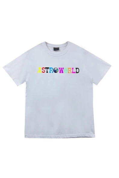 fame-stoned Astraworld Travis Scott Baskılı Unisex %100 Pamuk Beyaz T-shirt ürün görseli 1