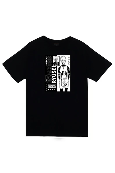 fame-stoned Blue Lock, Shidou Ryusei Anime Baskılı Unisex %100 Pamuk Siyah T-shirt ürün görseli 1