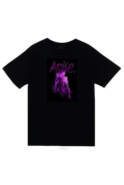 fame-stoned Solo Leveling Arise Anime Baskılı Unisex %100 Pamuk Siyah T-shirt ürün görseli 1