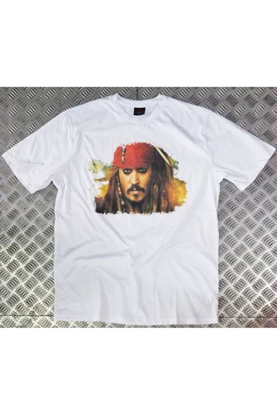 fame-stoned Karayip Korsanları Film Jack Sparrow Karakter Baskılı Unisex %100 Pamuk Beyaz T-shirt ürün görseli 1