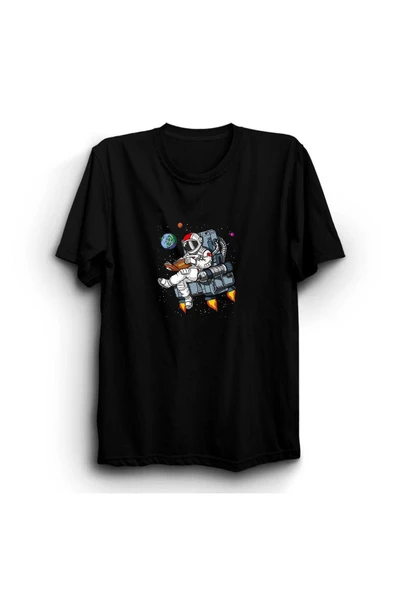 fame-stoned Uzay - Astronot Baskılı Unisex %100 Pamuk Siyah T-shirt ürün görseli 1