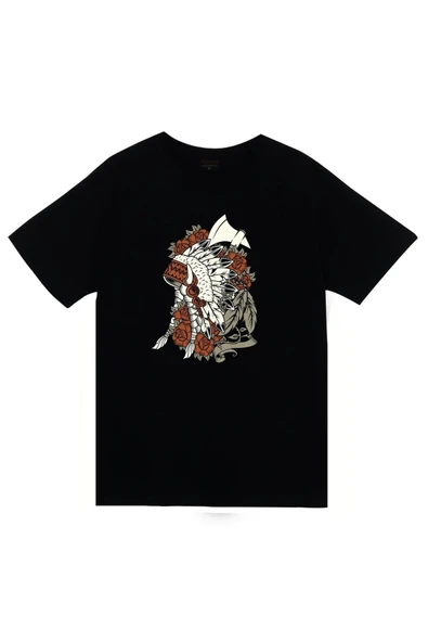 fame-stoned Kızılderili Baskılı Unisex %100 Pamuk Siyah T-shirt ürün görseli 1