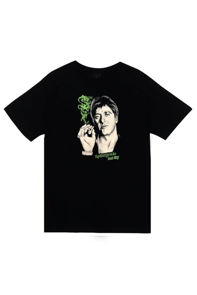 fame-stoned Tony Montana Baskılı Unisex %100 Siyah Pamuk T-shirt ürün görseli 1