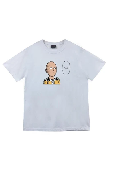 fame-stoned Saitama Anime Baskılı Unisex %100 Pamuk Beyaz T-shirt ürün görseli 1