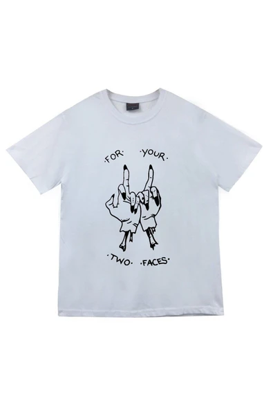 fame-stoned For Your Two Faces Baskılı Unisex %100 Pamuk Beyaz T-shirt ürün görseli 1