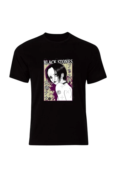 fame-stoned Black Stones Nana Karakterli Anime Baskılı Unisex %100 Pamuk Siyah T-shirt ürün görseli 1