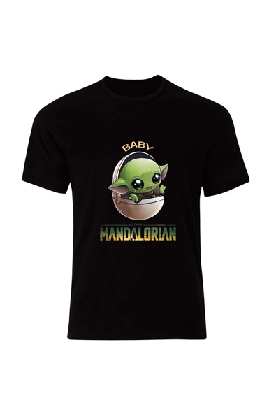 fame-stoned Baby Yoda Baskılı Unisex %100 Pamuk Siyah T-shirt ürün görseli 1