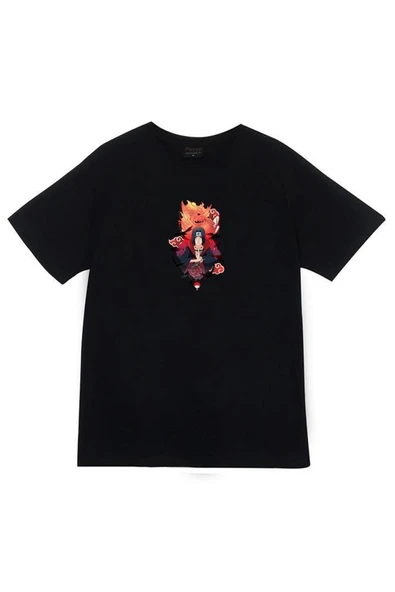 fame-stoned Itachi Uchika Anime Baskılı Unisex %100 Pamuk Siyah T-shirt ürün görseli 1