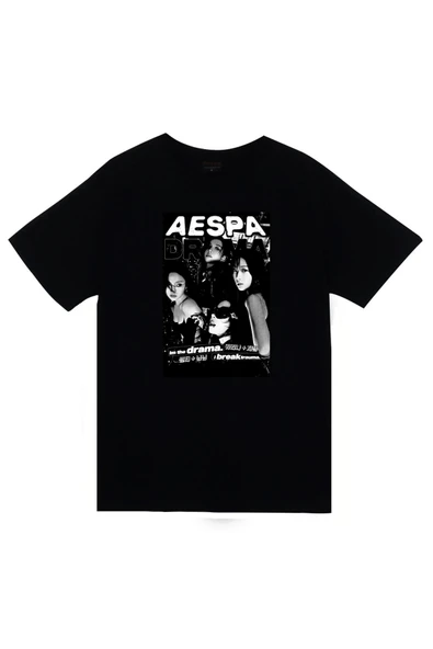 fame-stoned Aespa Müzik Grubu K-Pop Baskılı Unisex %100 Pamuk Siyah T-shirt ürün görseli 1