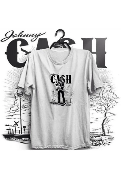 fame-stoned Johnny Cash Baskılı Unisex %100 Pamuk Beyaz T-shirt ürün görseli 1
