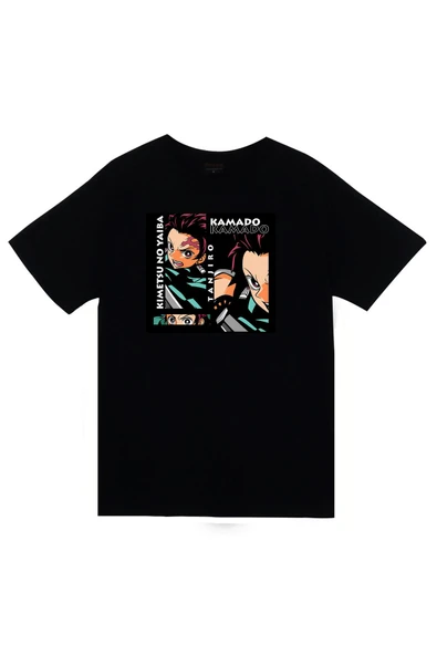 fame-stoned Demon Slayer Tanjiro Kamado Anime Baskılı Unisex %100 Pamuk Siyah T-shirt ürün görseli 1