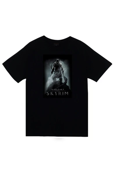 fame-stoned Skyrim Oyun Baskılı Unisex %100 Pamuk Siyah T-shirt ürün görseli 1