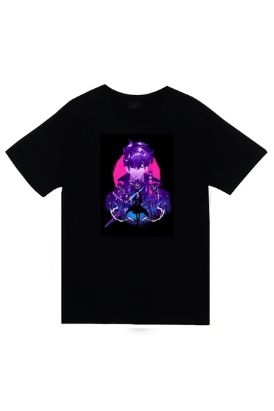 fame-stoned Solo Leveling Anime Baskılı Unisex %100 Pamuk Siyah T-shirt ürün görseli 1