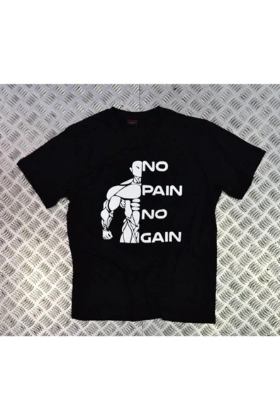fame-stoned No Pain No Gain - Fitness - Spor Baskılı Unisex %100 Pamuk Siyah T-shirt ürün görseli 1