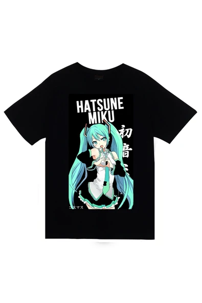 fame-stoned Hatsune Miku Anime Baskılı Unisex %100 Pamuk Siyah T-shirt ürün görseli 1