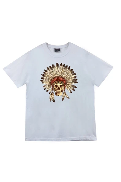 fame-stoned Kızılderili Baskılı Unisex %100 Pamuk Beyaz T-shirt ürün görseli 1
