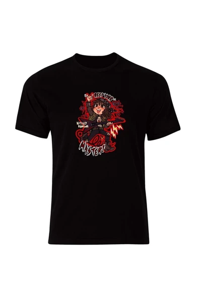fame-stoned Stranger Things Baskılı Unisex %100 Pamuk Siyah T-shirt ürün görseli 1