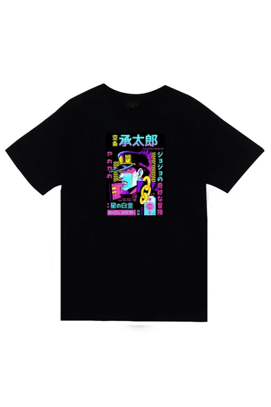 fame-stoned Jojo Anime Baskılı Unisex %100 Pamuk Siyah T-shirt ürün görseli 1