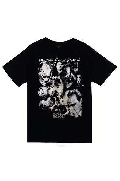 fame-stoned Mustafa Kemal Atatürk Baskılı Unisex %100 Pamuk Siyah T-shirt ürün görseli 1