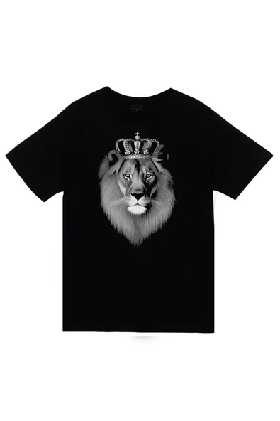 fame-stoned Aslan Baskılı Unisex %100 Pamuk Siyah T-shirt ürün görseli 1