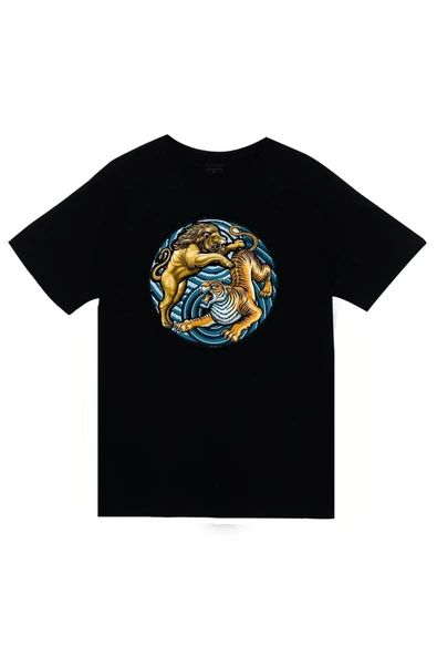 fame-stoned Aslan Kaplan Baskılı Unisex %100 Pamuk Siyah T-shirt ürün görseli 1
