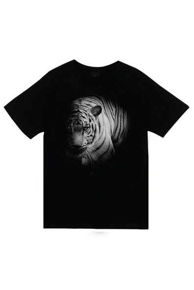 fame-stoned Kaplan Baskılı Unisex %100 Pamuk Siyah T-shirt ürün görseli 1