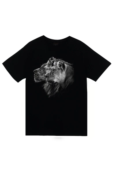 fame-stoned Aslan Kaplan Baskılı Unisex %100 Pamuk Siyah T-shirt ürün görseli 1